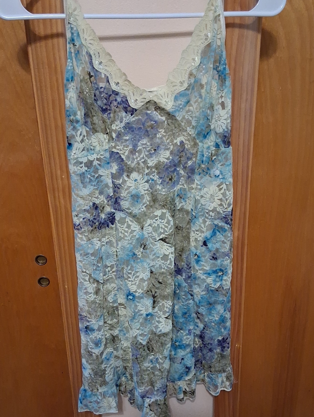 Chemise/BabyDoll Sheer Lace Nightie-Blue, Violet & Cream Floral-Size M